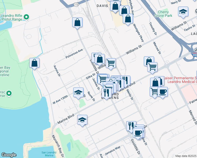 map of restaurants, bars, coffee shops, grocery stores, and more near 1944 Juneau Street in San Leandro