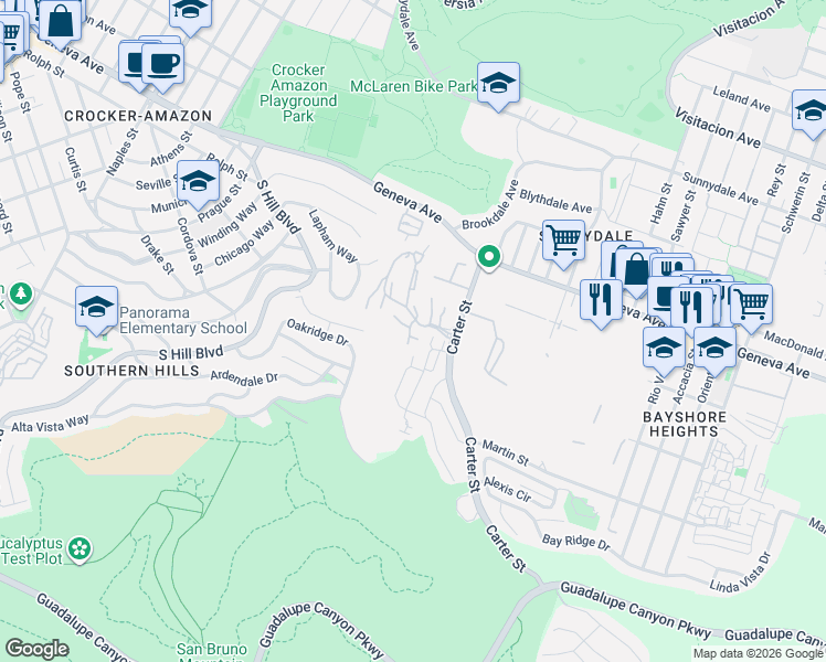 map of restaurants, bars, coffee shops, grocery stores, and more near 1215 Saddleback Drive in Daly City