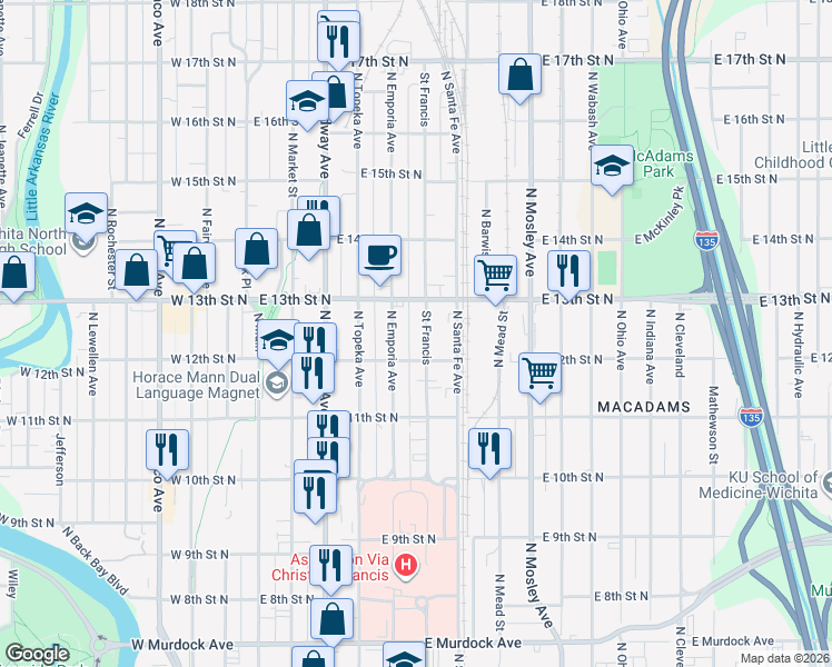 map of restaurants, bars, coffee shops, grocery stores, and more near 1327 Saint Francis in Wichita