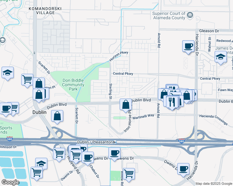 map of restaurants, bars, coffee shops, grocery stores, and more near 5703 El Dorado Lane in Dublin
