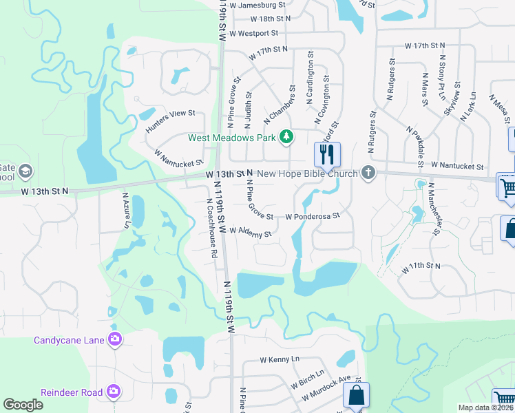 map of restaurants, bars, coffee shops, grocery stores, and more near 1278 North Pine Grove Court in Wichita