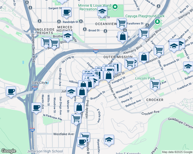 map of restaurants, bars, coffee shops, grocery stores, and more near 3328 San Jose Avenue in Daly City