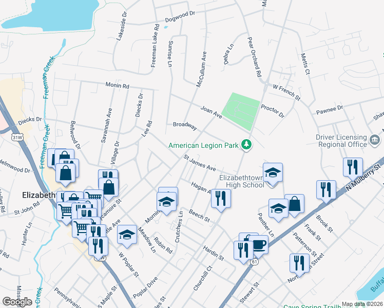 map of restaurants, bars, coffee shops, grocery stores, and more near 407 Saint James Avenue in Elizabethtown