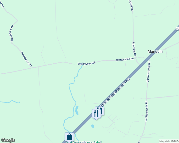 map of restaurants, bars, coffee shops, grocery stores, and more near 529 Brandywine Road in Manquin