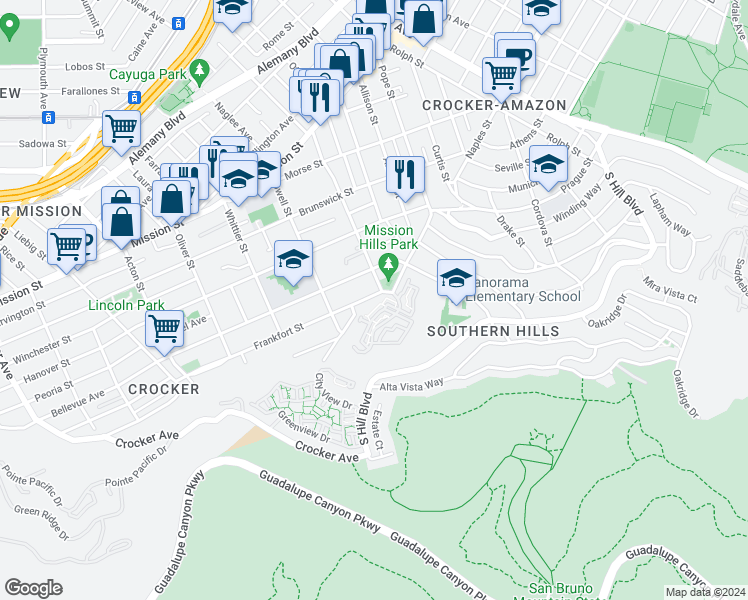 map of restaurants, bars, coffee shops, grocery stores, and more near 17 Frankfort Street in Daly City