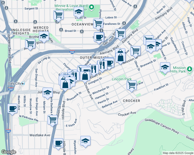 map of restaurants, bars, coffee shops, grocery stores, and more near 48 Evergreen Avenue in Daly City