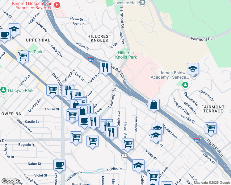 map of restaurants, bars, coffee shops, grocery stores, and more near 1760 Fairmont Drive in San Leandro