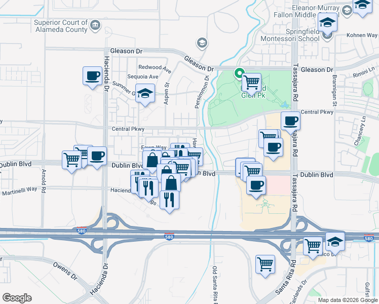 map of restaurants, bars, coffee shops, grocery stores, and more near 4651 Pheasant Court in Dublin