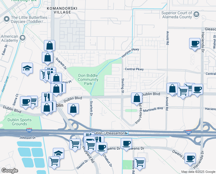 map of restaurants, bars, coffee shops, grocery stores, and more near 5883 El Dorado Lane in Dublin