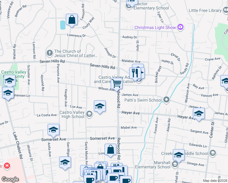 map of restaurants, bars, coffee shops, grocery stores, and more near 4171 Wilson Avenue in Castro Valley