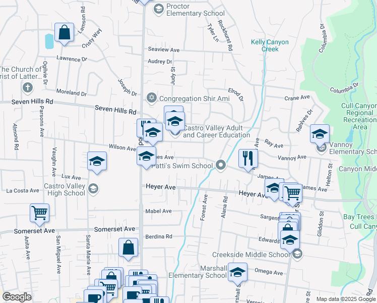 map of restaurants, bars, coffee shops, grocery stores, and more near 4432 James Avenue in Castro Valley