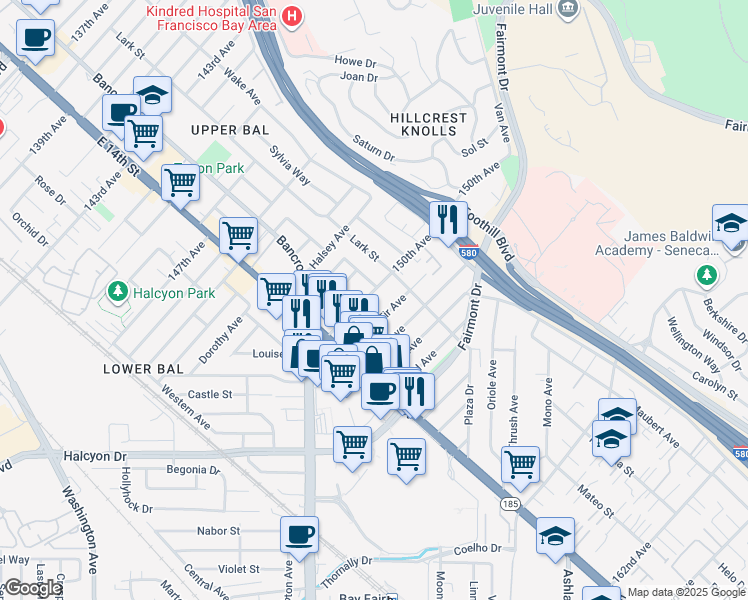 map of restaurants, bars, coffee shops, grocery stores, and more near 1532 150th Avenue in San Leandro