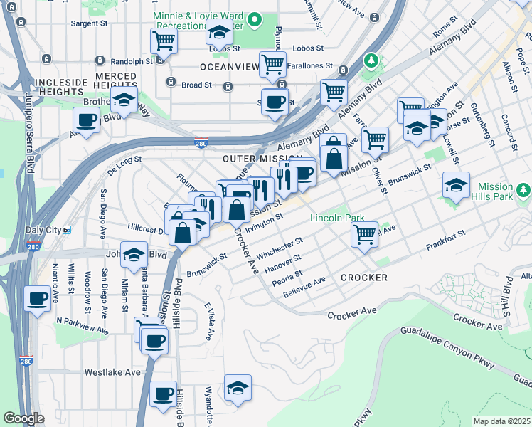 map of restaurants, bars, coffee shops, grocery stores, and more near 6115 Mission Street in Daly City