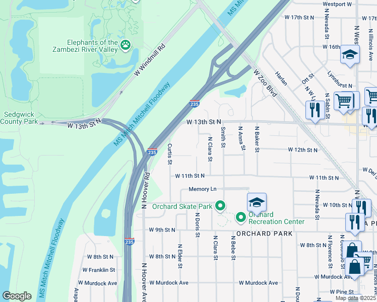 map of restaurants, bars, coffee shops, grocery stores, and more near 1312 Curtis Street in Wichita