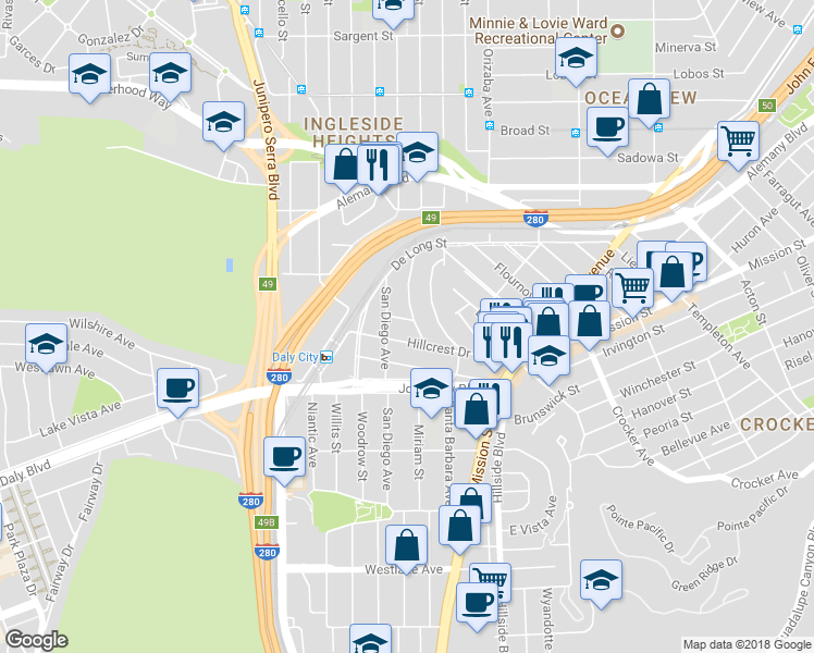 map of restaurants, bars, coffee shops, grocery stores, and more near 27 Guadalupe Avenue in Daly City