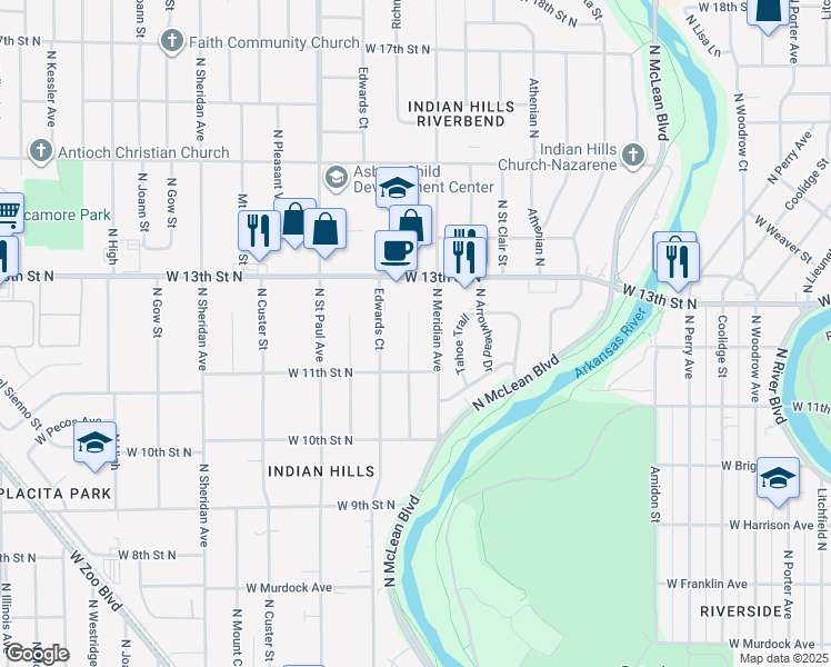 map of restaurants, bars, coffee shops, grocery stores, and more near 1224 Richmond Street in Wichita
