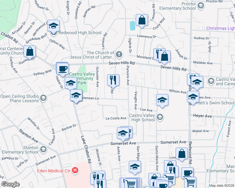 map of restaurants, bars, coffee shops, grocery stores, and more near 3711 Cottage Court in Castro Valley