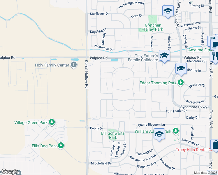 map of restaurants, bars, coffee shops, grocery stores, and more near 3286 Boca Way in Tracy
