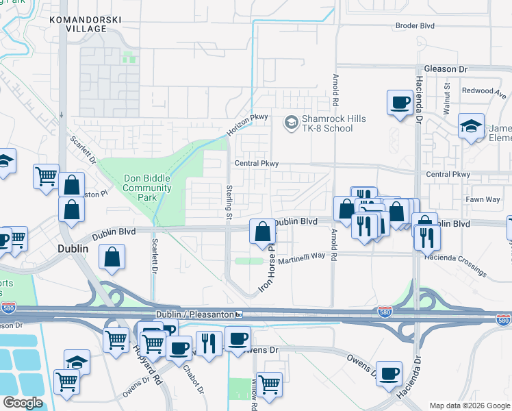 map of restaurants, bars, coffee shops, grocery stores, and more near 5626 El Dorado Lane in Dublin