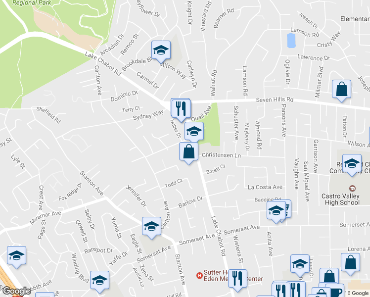 map of restaurants, bars, coffee shops, grocery stores, and more near 3260 Hertlein Place in Castro Valley