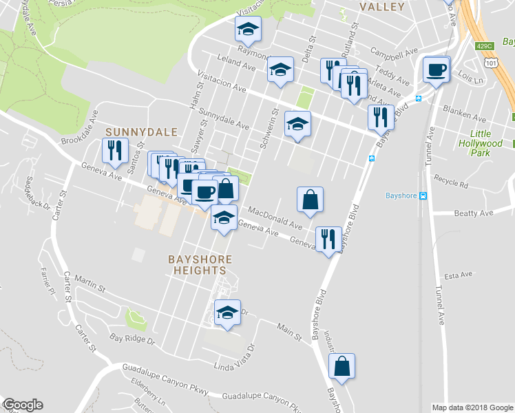 map of restaurants, bars, coffee shops, grocery stores, and more near 226 MacDonald Ave in Daly City