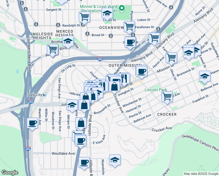 map of restaurants, bars, coffee shops, grocery stores, and more near 44 Mission Street in Daly City