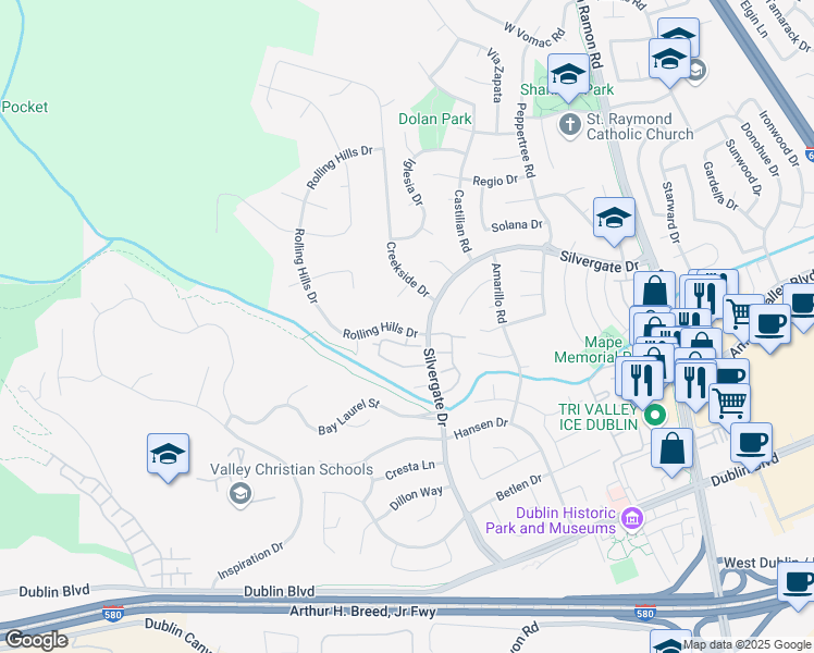 map of restaurants, bars, coffee shops, grocery stores, and more near 11552 Rolling Hills Drive in Dublin