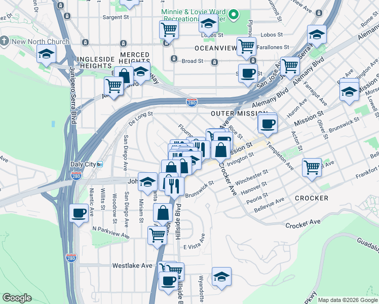 map of restaurants, bars, coffee shops, grocery stores, and more near 27 Shakespeare Street in Daly City