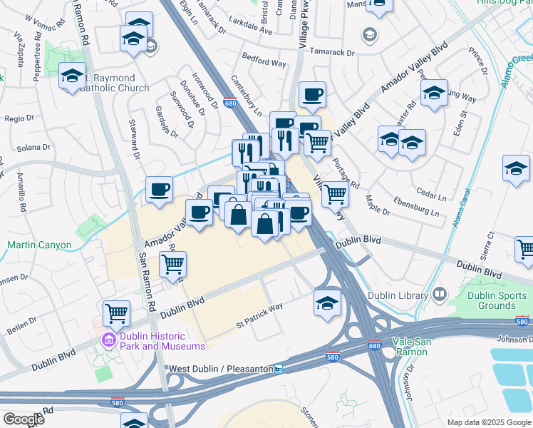 map of restaurants, bars, coffee shops, grocery stores, and more near 7155 Amador Plaza Road in Dublin