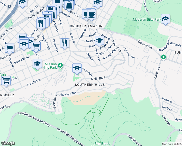 map of restaurants, bars, coffee shops, grocery stores, and more near 212 Polaris Way in Daly City