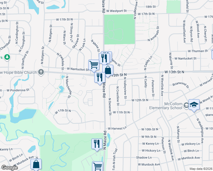 map of restaurants, bars, coffee shops, grocery stores, and more near 1351 North Denene Street in Wichita