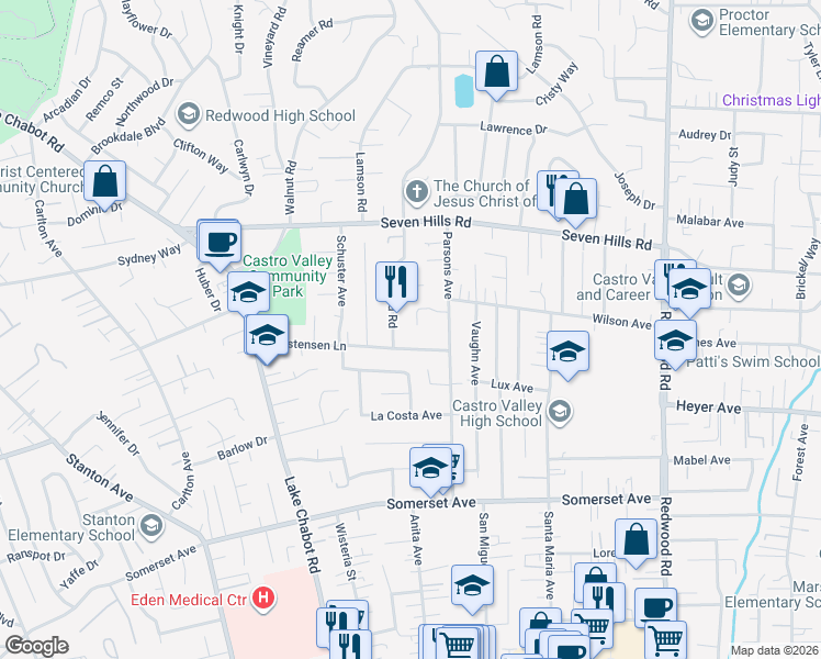map of restaurants, bars, coffee shops, grocery stores, and more near 3711 Cottage Court in Castro Valley