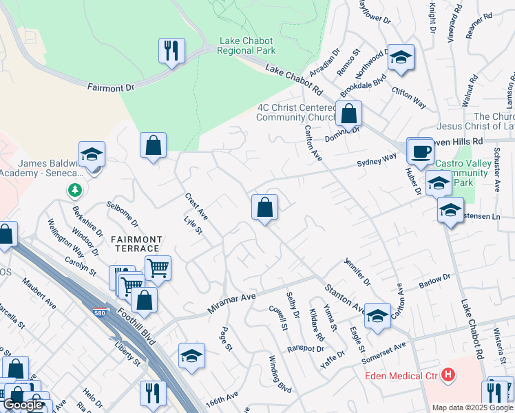 map of restaurants, bars, coffee shops, grocery stores, and more near 18760 Stanton Avenue in Castro Valley