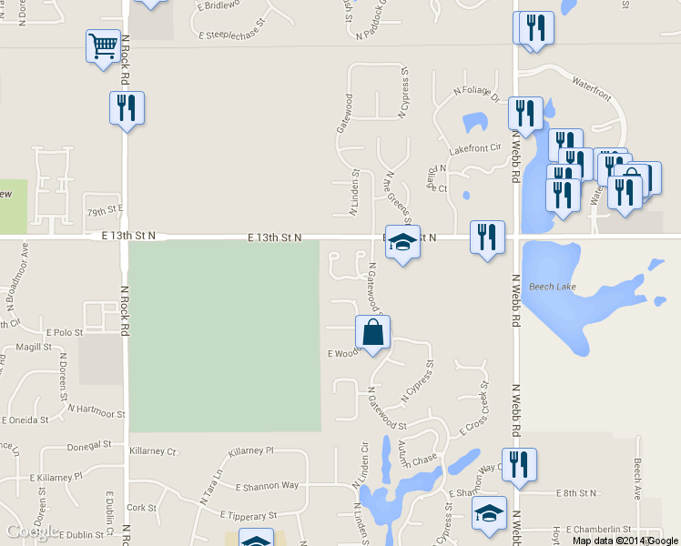 map of restaurants, bars, coffee shops, grocery stores, and more near 8818 East Bradford Circle in Wichita