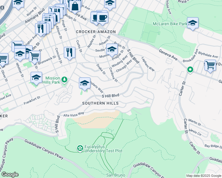 map of restaurants, bars, coffee shops, grocery stores, and more near 249 Canyon Drive in Daly City