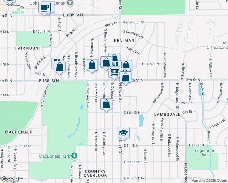 map of restaurants, bars, coffee shops, grocery stores, and more near 1315 North Oliver Street in Wichita