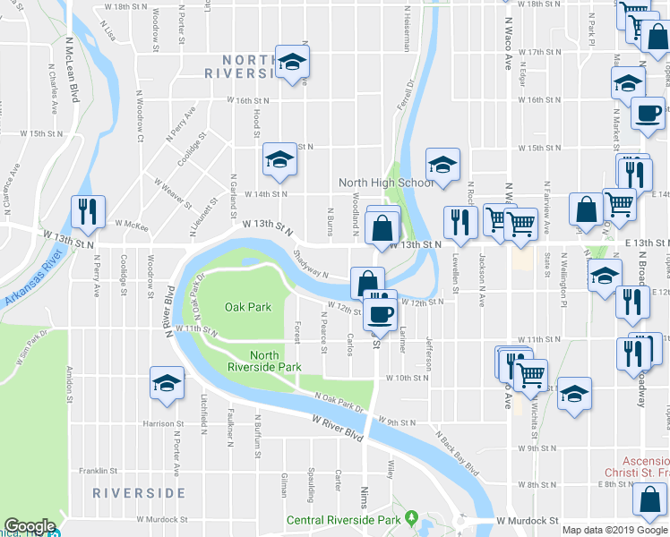 map of restaurants, bars, coffee shops, grocery stores, and more near 918 Shady Way in Wichita