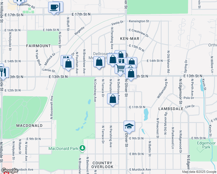 map of restaurants, bars, coffee shops, grocery stores, and more near 1312 North Pershing Street in Wichita