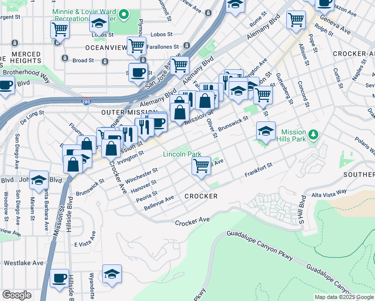 map of restaurants, bars, coffee shops, grocery stores, and more near 901 Brunswick Street in Daly City