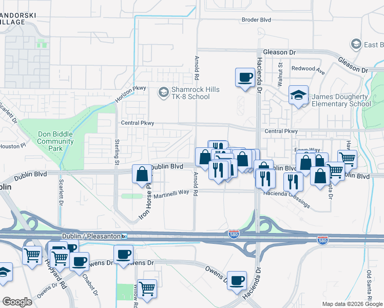 map of restaurants, bars, coffee shops, grocery stores, and more near 5394 Arnold Road in Dublin