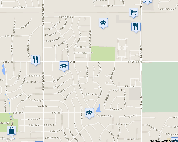 map of restaurants, bars, coffee shops, grocery stores, and more near 1202 Gretchen Street in Wichita