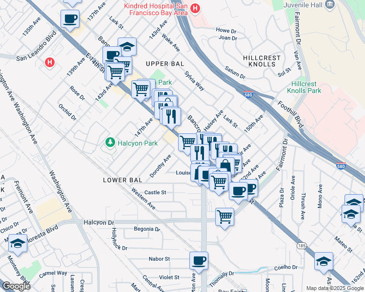 map of restaurants, bars, coffee shops, grocery stores, and more near 14835 East 14th Street in San Leandro