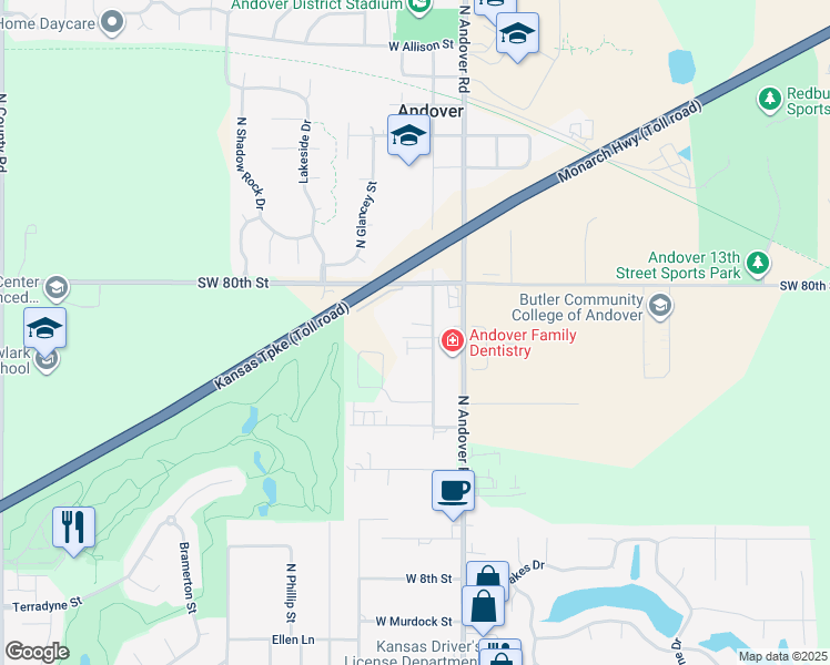 map of restaurants, bars, coffee shops, grocery stores, and more near 1213 North Main Street in Andover