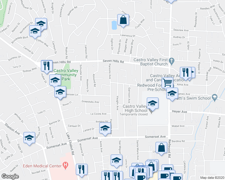 map of restaurants, bars, coffee shops, grocery stores, and more near in Castro Valley