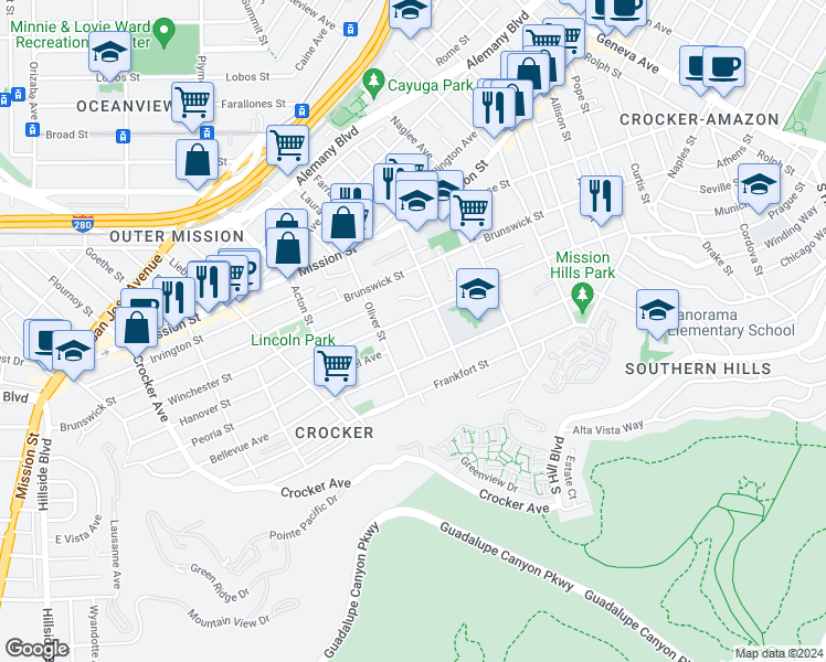 map of restaurants, bars, coffee shops, grocery stores, and more near 73 Partridge Lane in Daly City