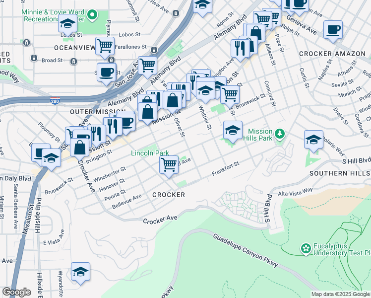 map of restaurants, bars, coffee shops, grocery stores, and more near 603 Hanover Street in Daly City
