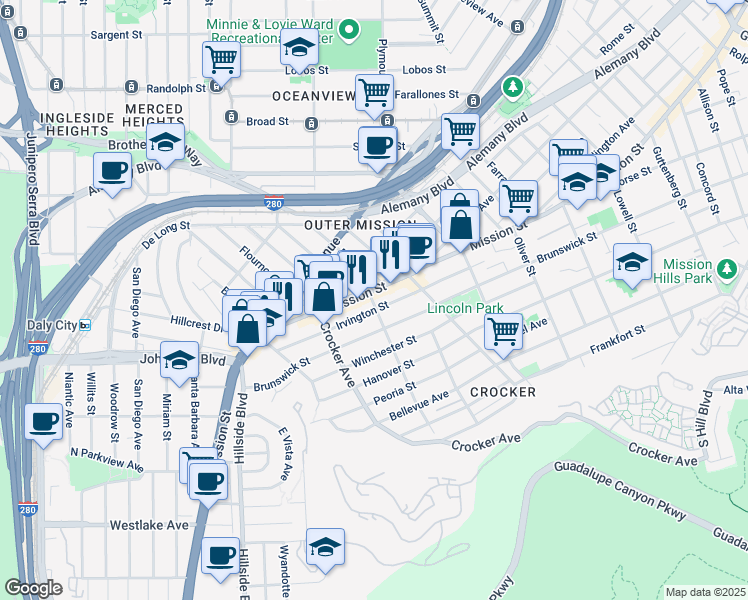 map of restaurants, bars, coffee shops, grocery stores, and more near 6115 Mission Street in Daly City