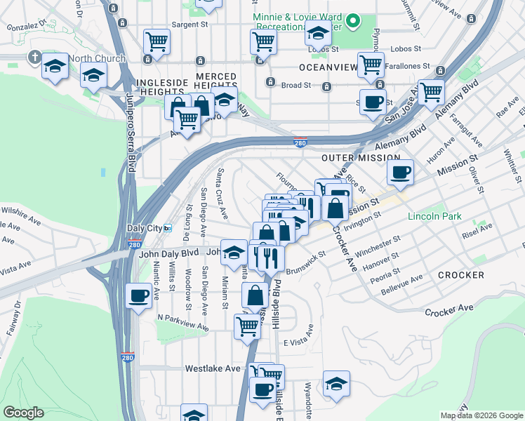 map of restaurants, bars, coffee shops, grocery stores, and more near 44 Vendome Avenue in Daly City