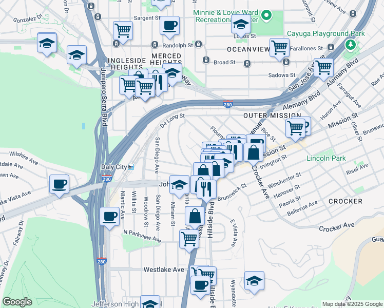 map of restaurants, bars, coffee shops, grocery stores, and more near 175 Santa Barbara Avenue in Daly City
