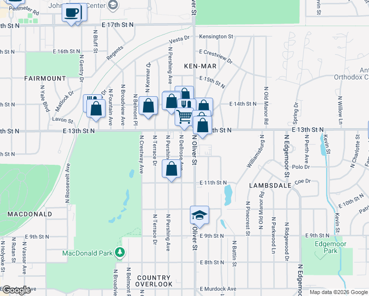 map of restaurants, bars, coffee shops, grocery stores, and more near 1315 North Oliver Street in Wichita